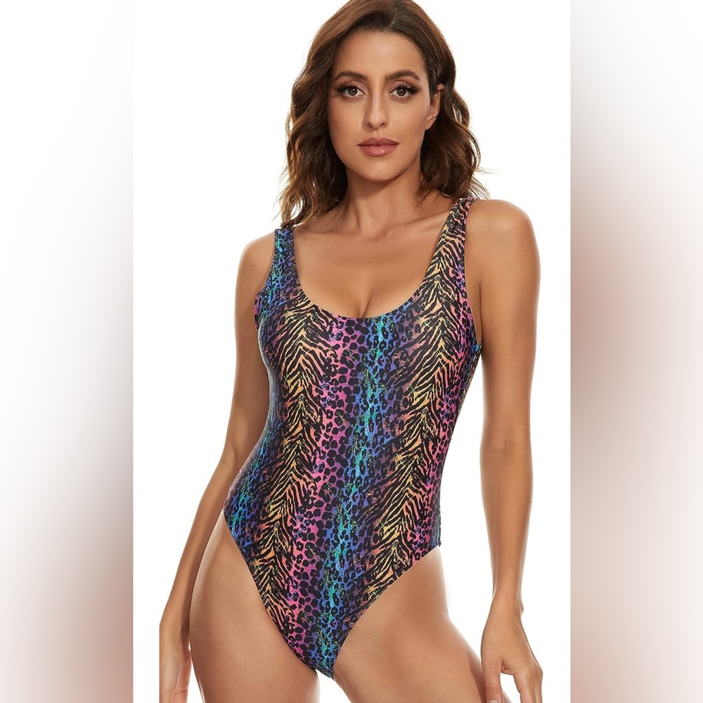 2/20$ 🌸MIAIULIA retro 80/90s one piece animal print rainbow swimsuit🌸